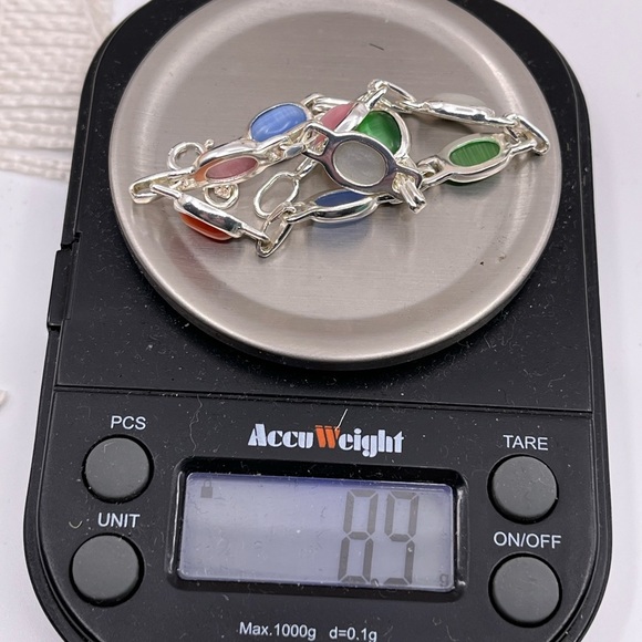 Stunning Vintage Sterling Silver Chainlink Bracelet with Multicolored Cabochons - Picture 14 of 16